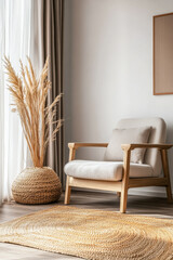 Minimalist living room interior design composition with Scandinavian furniture and a large window providing natural lighting to the room. Apartment interiors with ample copyspace and minimal decor.