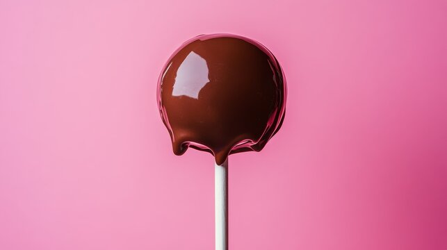 Chocolate lollipop on pink background, minimalist dessert concept