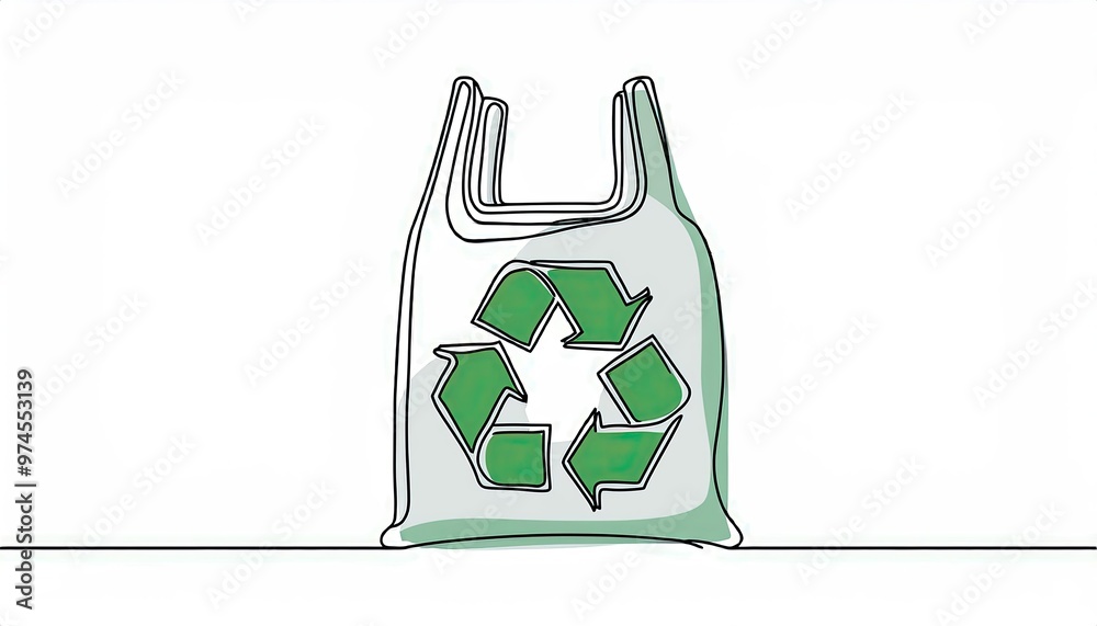 Wall mural Single continuous line drawing of plastic bag with recycling symbol; isolated on white background