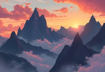 Fototapeta premium Dramatic mountainous landscape with towering peaks of rocky granite emerging from a sea of fluffy pink and orange clouds at sunset, a clear light fortress tower made of white stone ascendin