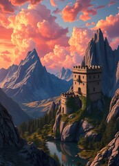 Dramatic mountainous landscape with towering peaks of rocky granite emerging from a sea of fluffy pink and orange clouds at sunset, a clear light fortress tower made of white stone ascendin