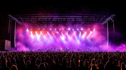 Obraz premium Large crowd of concertgoers enjoys a live performance under bright, colorful lights, with a dynamic stage in the background. Music festival concept.