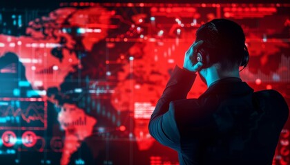 Businessman in front of a red background with a world map