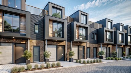 Contemporary Modular Black Townhouses with Unique Design, Sleek Exterior Architecture, Suburban Residential Setting, High-Quality Real Estate Photography.