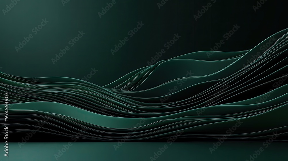 Poster abstract design featuring smooth green waves, creating depth and elegance in a modern and minimalist