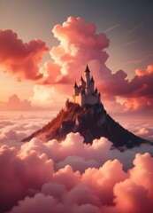 Dramatic mountainous landscape with towering peaks of rocky granite emerging from a sea of fluffy pink and orange clouds at sunset, a clear light fortress tower made of white stone ascendin