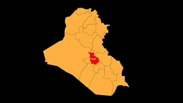 Babil map animated video. The location is highlighted on the Iraq map. Colour map with transparent background in video format.