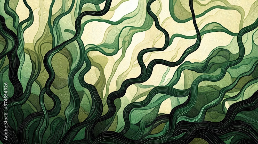 Poster an abstract representation of flowing lines in various shades of green, creating a harmonious and dy