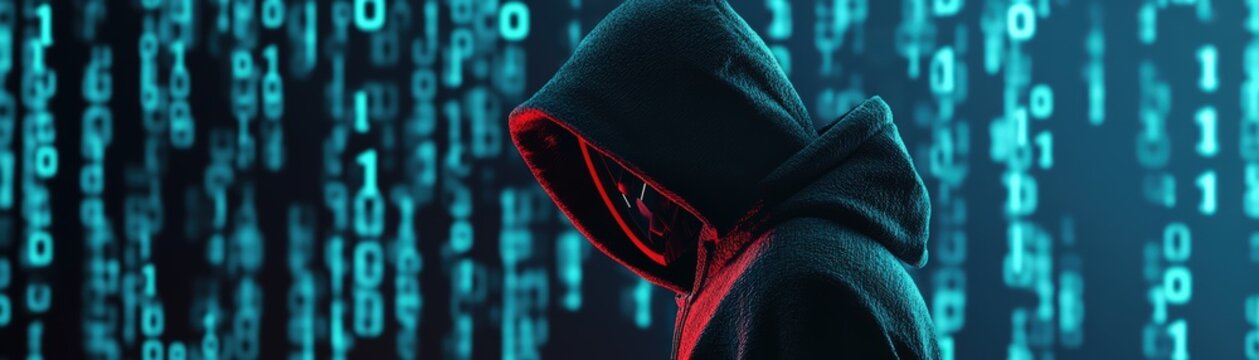Hacker wearing hood using social engineering to breach firewall in front of a blue binary coded rain background, showing side, land