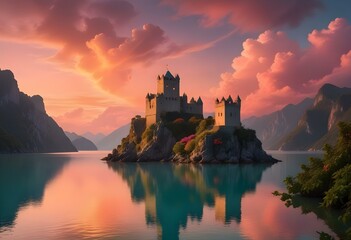 Obraz premium Dramatic mountainous landscape with towering peaks of rocky granite emerging from a sea of fluffy pink and orange clouds at sunset, a clear light fortress tower made of white stone ascendin