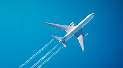 Fototapeta premium A commercial airplane flying overhead against a clear blue sky, displaying a low-angle view of a modern jet aircraft with sunlit details, capturing the essence of travel in aviation photography.