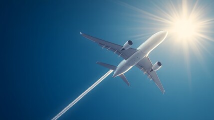 A commercial airplane flying overhead against a clear blue sky, displaying a low-angle view of a modern jet aircraft with sunlit details, capturing the essence of travel in aviation photography.