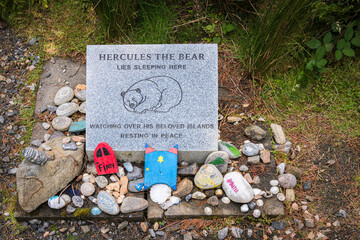 A summer HDR image of the final resting place of Hercules the Bear in Langass wood, North Uist, Outer Hebrides, Scotland.