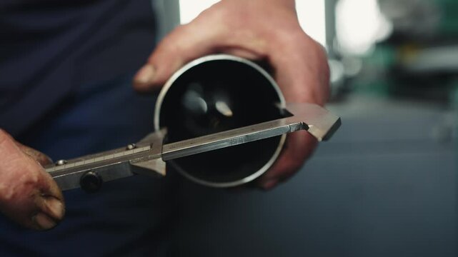 Master mechanic measures the internal diameter of the pipe using a caliper