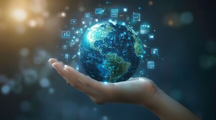 Hand with Earth Surrounded by Technology Icons: A hand holding the Earth, surrounded by floating technology icons, symbolizing the digital world's impact on the planet. 
