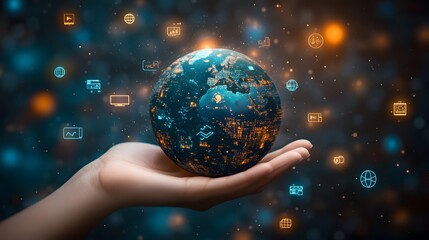 Hand with Earth Surrounded by Technology Icons: A hand holding the Earth, surrounded by floating technology icons, symbolizing the digital world's impact on the planet. 
