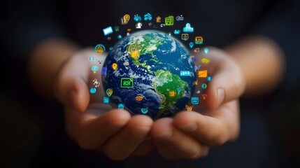 Hand with Earth Surrounded by Technology Icons: A hand holding the Earth, surrounded by floating technology icons, symbolizing the digital world's impact on the planet. 
