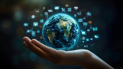 Hand with Earth Surrounded by Technology Icons: A hand holding the Earth, surrounded by floating technology icons, symbolizing the digital world's impact on the planet. 
