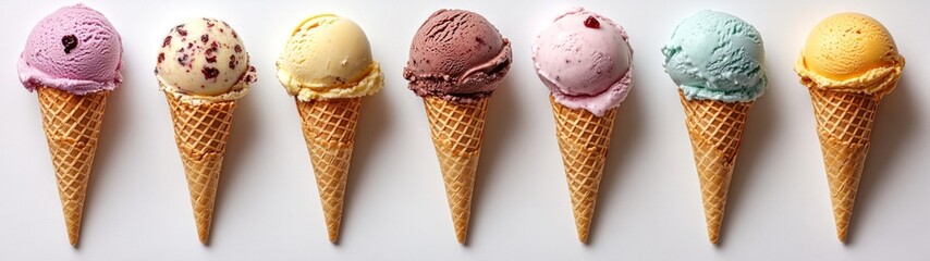 Colorful gelato scoops in cones, vibrant flavors showcased against a clean white background, inviting and visually appealing display of delicious frozen treats