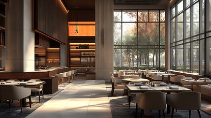 A contemporary restaurant interior with an open layout, featuring large windows, minimalist decor, and modern seating arrangements for a clean, stylish dining experience