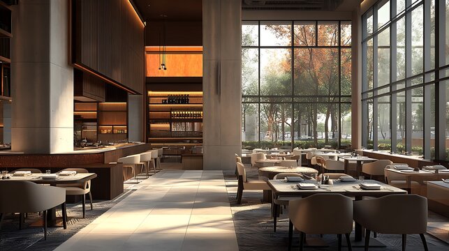 A contemporary restaurant interior with an open layout, featuring large windows, minimalist decor, and modern seating arrangements for a clean, stylish dining experience