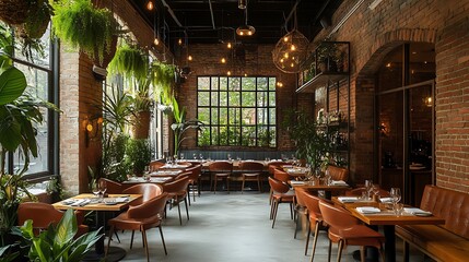 Fototapeta premium A cozy restaurant with exposed brick walls, rustic wooden furniture, and hanging plants, creating a warm and inviting ambiance for diners