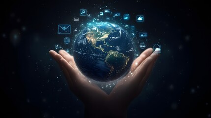 Hand with Earth Surrounded by Technology Icons: A hand holding the Earth, surrounded by floating technology icons, symbolizing the digital world's impact on the planet. 
