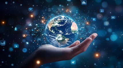 Hand with Earth Surrounded by Technology Icons: A hand holding the Earth, surrounded by floating technology icons, symbolizing the digital world's impact on the planet. 
