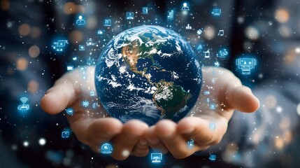 Hand with Earth Surrounded by Technology Icons: A hand holding the Earth, surrounded by floating technology icons, symbolizing the digital world's impact on the planet. 
