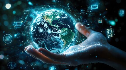 Hand with Earth Surrounded by Technology Icons: A hand holding the Earth, surrounded by floating technology icons, symbolizing the digital world's impact on the planet. 

