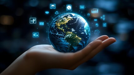 Hand with Earth Surrounded by Technology Icons: A hand holding the Earth, surrounded by floating technology icons, symbolizing the digital world's impact on the planet. 
