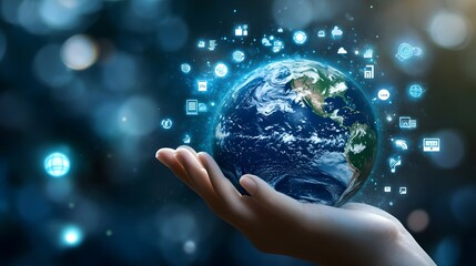 Hand with Earth Surrounded by Technology Icons: A hand holding the Earth, surrounded by floating technology icons, symbolizing the digital world's impact on the planet. 
