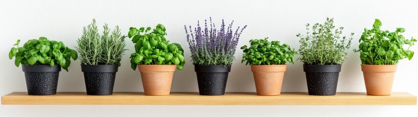 Herbs in Harmony, a vibrant display of potted herbs on a kitchen shelf, showcasing lush greenery against a clean white backdrop, enhancing culinary inspiration and simplicity.