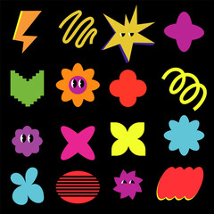 Set abstract geometric brutalist elements. New modern elements swiss style, minimalist design. Groovy circle oval rectangle arch eyes typography in trendy retro 90s cartoon style. Vector illustration