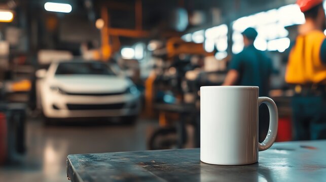 A blank, white, mock up template of an 11oz mug on a mechanics workshop bench, mug D-handle on right side, Carpenter in the background. mock up design concept