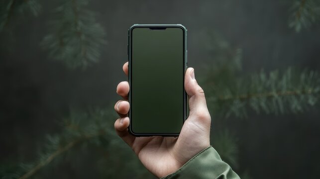 Weathered male hand holding a rugged outdoor smartphone, pine forest backdrop
