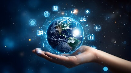 Hand with Earth Surrounded by Technology Icons: A hand holding the Earth, surrounded by floating technology icons, symbolizing the digital world's impact on the planet. 
