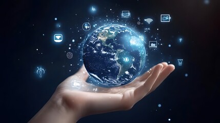 Hand with Earth Surrounded by Technology Icons: A hand holding the Earth, surrounded by floating technology icons, symbolizing the digital world's impact on the planet. 
