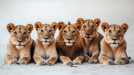 Lions in Serenity, a stunning portrayal of majestic lions lounging in the savannah, showcasing their regal presence against a minimalistic backdrop, embodying tranquility and strength.