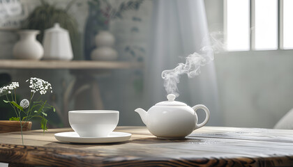 Cup or tea glass Hot brew and dried tea leaves on a wooden plate, placed on a wooden table, on a dark black background