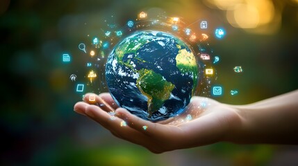 Hand with Earth Surrounded by Technology Icons: A hand holding the Earth, surrounded by floating technology icons, symbolizing the digital world's impact on the planet. 
