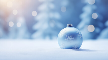 Blue Christmas Ornament with Snowflake Design on Snowy Ground in Frosty Forest with Bokeh Lights
