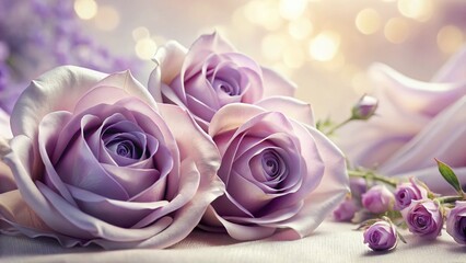 Delicate purple roses bloom against a soft, romantic background, their petals unfolding like silk, set against a subtle gradient of lavender and cream tones.