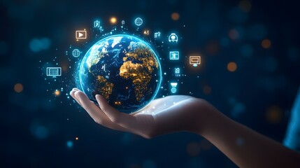 Hand with Earth Surrounded by Technology Icons: A hand holding the Earth, surrounded by floating technology icons, symbolizing the digital world's impact on the planet. 
