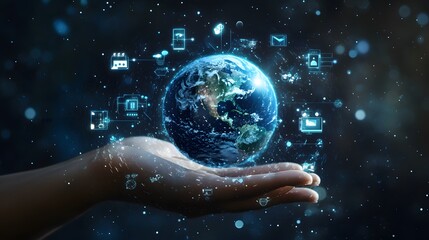 Hand with Earth Surrounded by Technology Icons: A hand holding the Earth, surrounded by floating technology icons, symbolizing the digital world's impact on the planet. 
