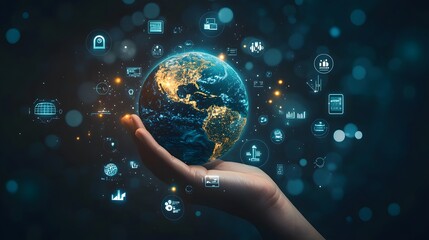 Hand with Earth Surrounded by Technology Icons: A hand holding the Earth, surrounded by floating technology icons, symbolizing the digital world's impact on the planet. 
