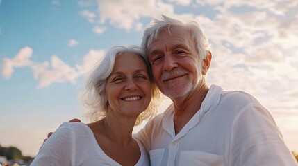 A happy senior couple in a warm embrace, smiling under a blue sky with fluffy white clouds, effortlessly expressing joy and love in later years captured in soft natural light.