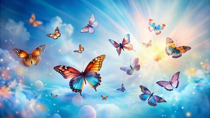 Delicate, vibrant butterflies dance against a soft, gradient blue background with gentle, whispy clouds, evoking a sense of serene freedom and whimsical beauty.