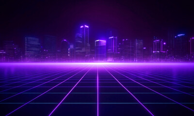 Gradient purple neon perspective grid background and neon city.