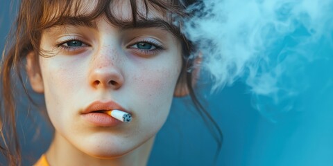 Obraz premium A young woman with a cigarette, staring intently. Smoke billows around her, creating an atmospheric and moody vibe.